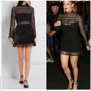 Self Portrait Paneled Guipure Lace Tiered Long Sleeve Mini Dress Black